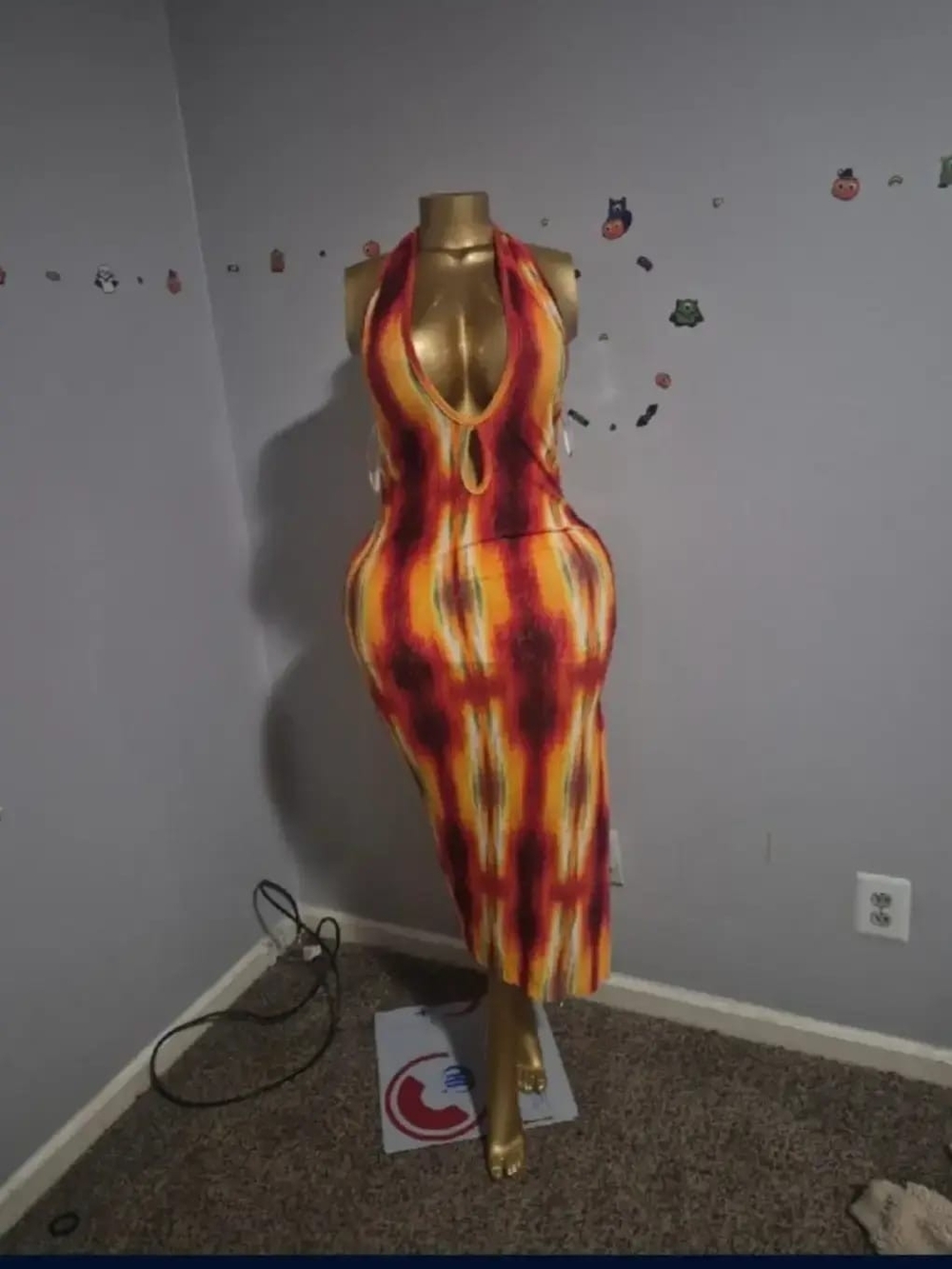 SHEIN Red and Yellow Tie-Dye Halter Midi Dress
